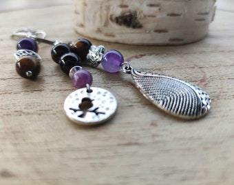 Bird bag charm, amethyst and tiger's eye and garnet