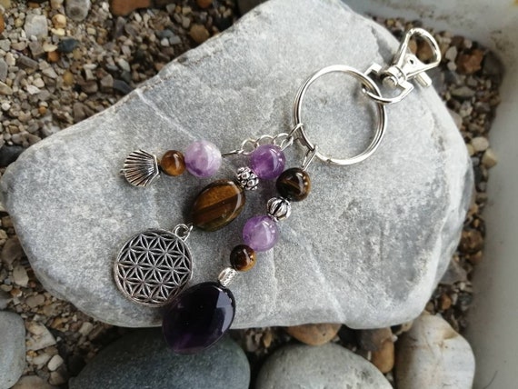 Bag Charm Key Ring Flower of Life With Amethyst Beads and 