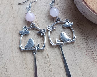 Long bird earrings with rose quartz beads