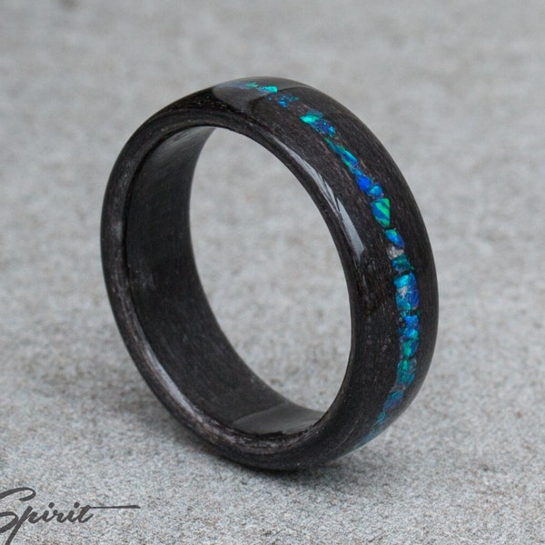 Black Wood Ring With Opal Inlay - Wooden Ring - Resin Ring - Wedding Band - Opal Ring - Wood Band - Girlfriend Gift - Boyfriend Gift