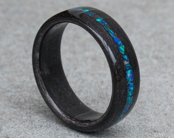 Black Wood Ring With Opal Inlay - Wooden Rings - Resin Ring - Opal Wedding Band  - Black and Blue Band - Girlfriend Gift - Boyfriend Gift