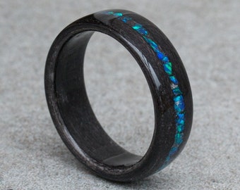 Black Wood Ring With Opal Inlay - Wooden Ring - Resin Ring - Wedding Band - Opal Ring - Wood Band - Girlfriend Gift - Boyfriend Gift