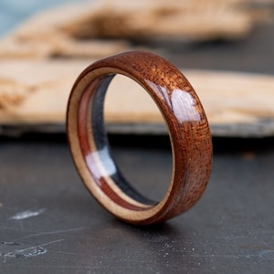 Mahogany and Recycled Skateboard Wood Ring - Wedding Band - Unique Ring - 5 year Anniversary - Unique Wooden Gift - Classic Mens Ring