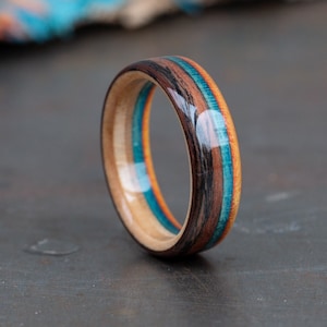 Rosewood Santos and Recycled Skateboard Wood Ring - Wedding Band - Wooden Ring - 5th Anniversary - Blue - Ring for Men - Boyfriend Gift