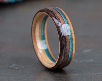 Rosewood Santos and Recycled Skateboard Wood Ring - Wedding Band - Wooden Ring - 5th Anniversary - Blue - Ring for Men - Boyfriend Gift