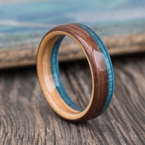 Oak And Recycled Skateboard Wood Ring - Wedding Band - Wooden Ring - 5th Anniversary Gift - Blue - Ring for Men - Boyfriend Gift - For Her