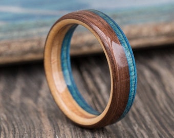 Oak And Recycled Skateboard Wood Ring - Wedding Band - Wooden Ring - 5th Anniversary Gift - Blue - Ring for Men - Boyfriend Gift - For Her