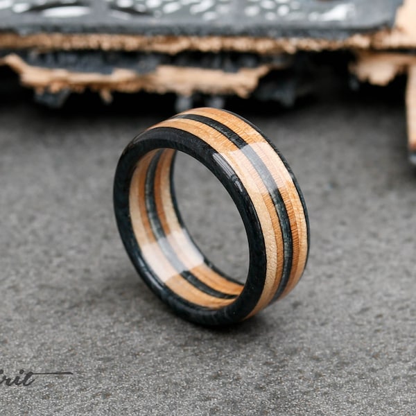 Wooden Ring - Skateboard Ring - Wedding Bands - Anniversary - Skate Ring - Brown - Boyfriend Gift - Black  Ring - Mens ring - Upcycled Ring