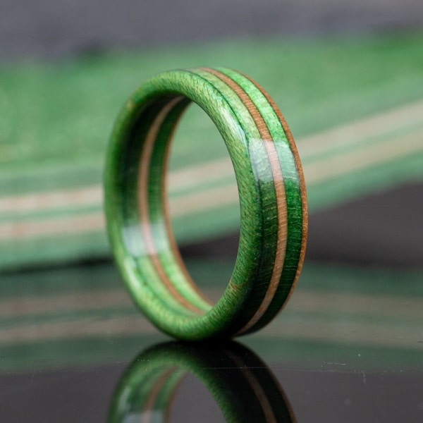 Green Recycled Skateboard Wood Ring - Wedding Band - Beige - Boyfriend Gift - Eco-friendly wooden ring - 5 year Anniversary  - Unique ring