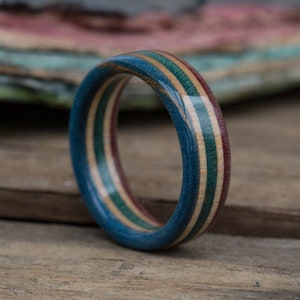 Wooden Ring Skateboard Ring Wedding Bands Anniversary Red And Blue Ring Skate Ring Green Ring For Man Wood Band Recycled image 1