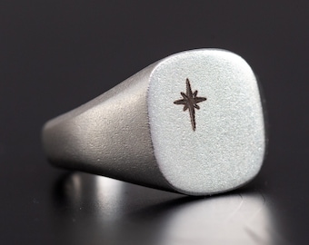 North Star Signet Ring - Mens Rings - Wedding Band - Brushed Modern - Sterling Silver - Boyfriend Gift - Unique Ring - Pinky Ring - Cushion