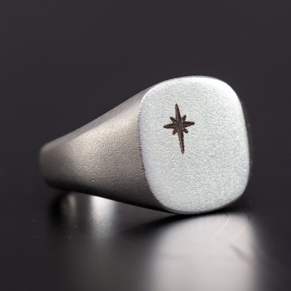 North Star Signet Ring - Mens Rings - Wedding Band - Brushed Modern - Sterling Silver - Boyfriend Gift - Unique Ring - Pinky Ring - Cushion