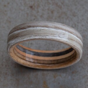 Gray Oak And Recycled Skateboard Wood Ring - Wooden Man Wedding Band - Unique Ring - Anniversary - Unique Wooden Gift - Classic Mens Ring