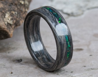 Opal Wood Ring  - Wedding Band - Gray Oak - Wooden Ring Gift - Mens rings - Unique Gift - 5 Year Anniversary Gift - Green -  for Him and Her