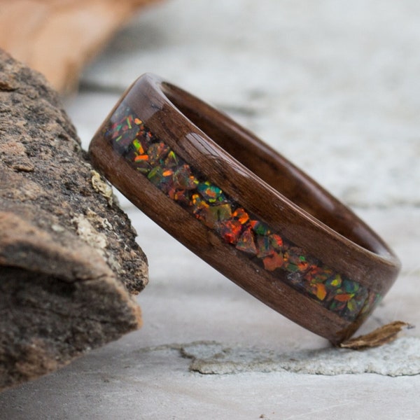 Opal und Holz Ring - Eichenholz - Ehering - Braun - Holzring Geschenk - Einzigartiges Geschenk - Geschenk für Sie und Ihn