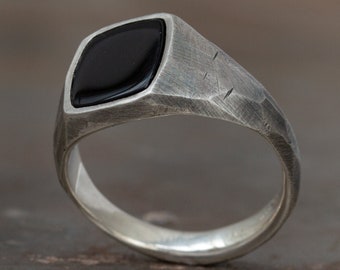 Oxidized Silver with Black Onyx Faceted Signet Rings, Modern Mens Rings, Boyfriend Gift, Mens jewellery, Anniversary, Flat Gem, Pinky Ring