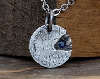 Oxidized Silver Pendant With Sapphire - Minimalist Pendant Necklace For Men - Boyfriend Gift - Anniversary Gift - Modern Industrial Design