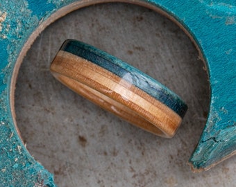 Recycled Maple Wood Turquoise and Blue Wooden Ring, Unique wood wedding band, 5 year Anniversary, Handcrafted groom's ring, Boyfriend Gift