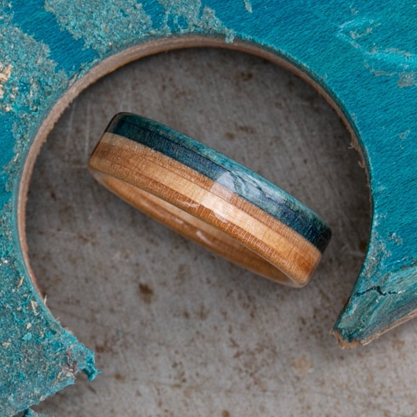 Recycled Skateboard Wood Ring: Turquoise & Blue Wedding Band