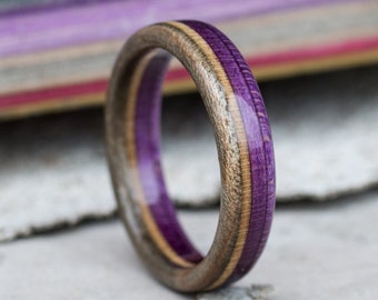 Wooden Ring - Recycled - Skateboard Ring - Girlfriend Gift - Boyfriend Gift - Wedding Band - Anniversary - Purple - Gray  - Wood Band - Ring