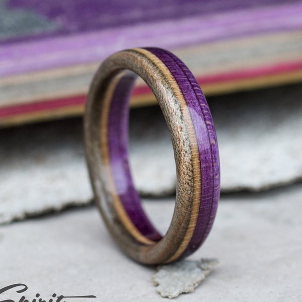 Wooden Ring - Recycled - Skateboard Ring - Girlfriend Gift - Boyfriend Gift - Wedding Band - Anniversary - Purple - Gray  - Wood Band - Ring