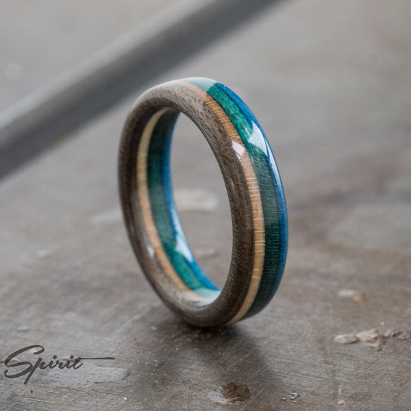 Recycled Skateboard Wooden Ring - Boyfriend Gift - Wedding Band - Girfriend Gift - Beige - Blue - Wood Ring - 5 Anniversary - Promise Ring