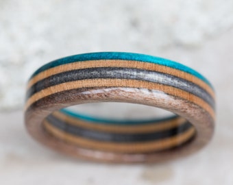 Wooden Ring - Skateboard Ring - Wedding Bands - Anniversary - Skate Ring - Brown - Beige - Blue - Boyfriend Gift - Black - Wood Ring - Eco