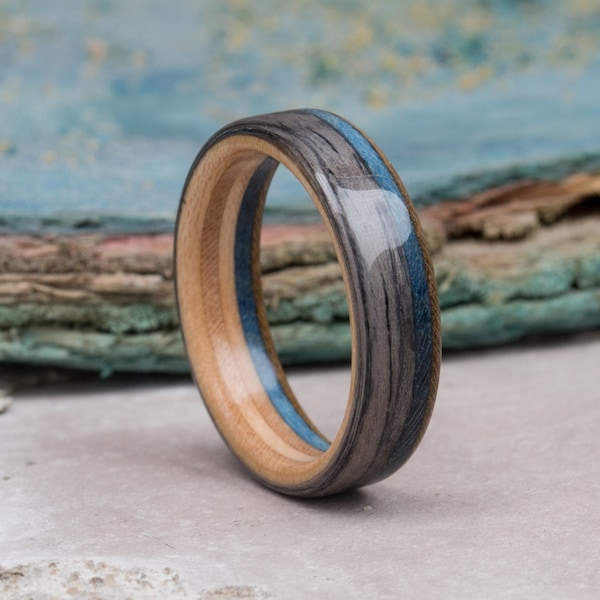 Gray Oak And Recycled Skateboard Wooden Ring - Wedding Bands - Mens Ring - Unique Rings - Gifts For Him - Unique Wooden Gifts - Classic Ring
