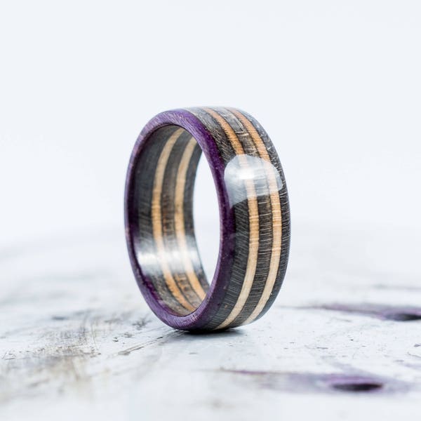 Wooden Ring - Skateboard Ring - Wedding Band - Recycled Wood - Waterproof - Skate Ring - Dark Purple  - Grey - Brown - Boyfriend Gift - Eco