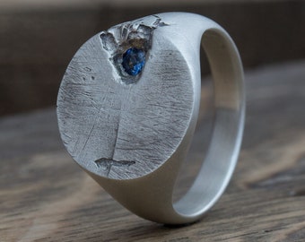 Signet Ring With Blue Sapphire - Mens Ring - Brushed Ring - Silver Signet - Unique Ring - Boyfriend gift - Mens Signet Rings - Pinky Ring