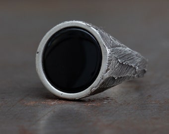 Black Onyx Signet Ring - Mens Signet Rings - Wedding Band - Rustic - Modern Industrial Ring - Engagement - Pinky Ring - Boyfriend Gift - 925