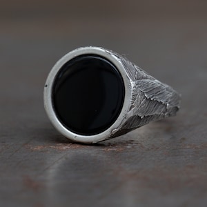 Black Onyx Signet Ring - Mens Signet Rings - Wedding Band - Rustic - Modern Industrial - Engagement - Pinky Ring - Boyfriend Gift - 925