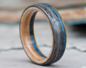 Wooden Ring - Gray Oak And Recycled Skateboard Wood - Wedding Band - Unique Ring - Gifts For Him - Unique Wooden Gifts - Classic Mens Ring