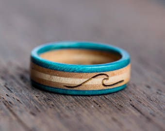 Wooden Ring - Surfing Ring - Skateboard Ring - Custom Ring - Blue Ring - Sea Ring - Ocean  - Blue - Boyfriend Gift - Wood band - Surfer Gift