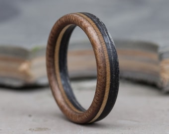 Matt Wooden Ring - Skateboard Ring - Wedding Bands - Anniversary - Black Ring - Mens ring - Brown - Beige - Black - Wood Band - Gift for him