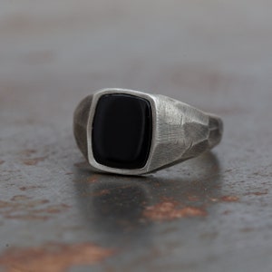 Oxidized Silver with Black Onyx Faceted Signet Rings, Modern Mens Ring, Boyfriend Gift, Mens jewellery, Anniversary, Flat Gem, Pinky Ring image 2