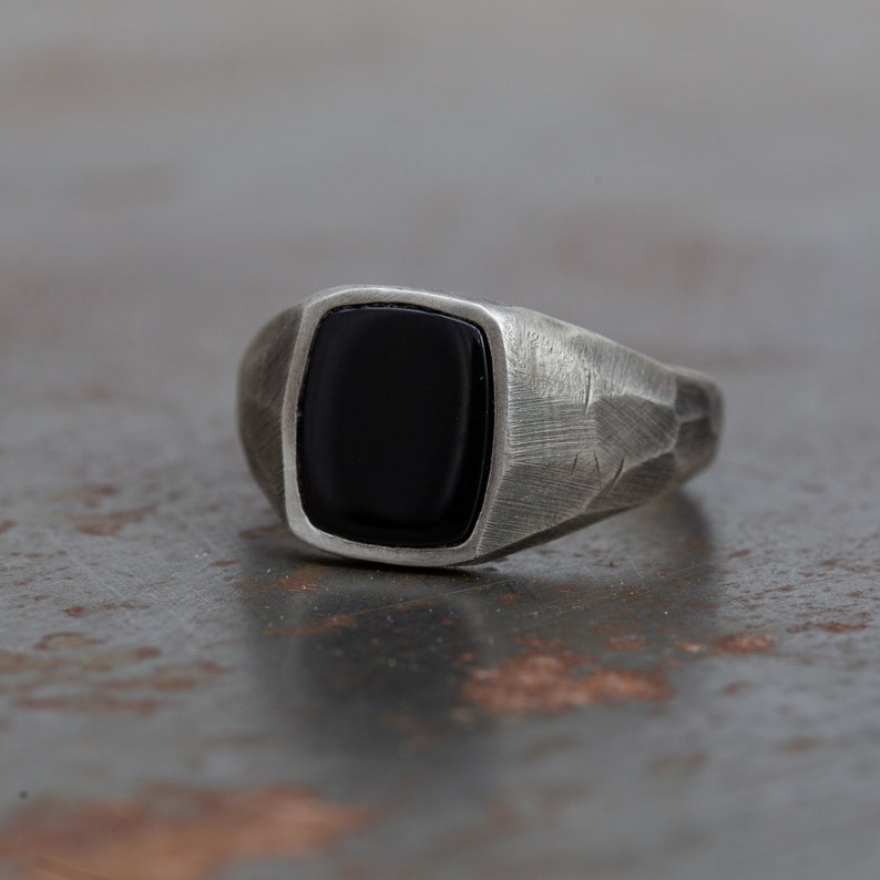 Oxidized Silver with Black Onyx Faceted Signet Rings, Modern Mens Ring, Boyfriend Gift, Mens jewellery, Anniversary, Flat Gem, Pinky Ring image 2