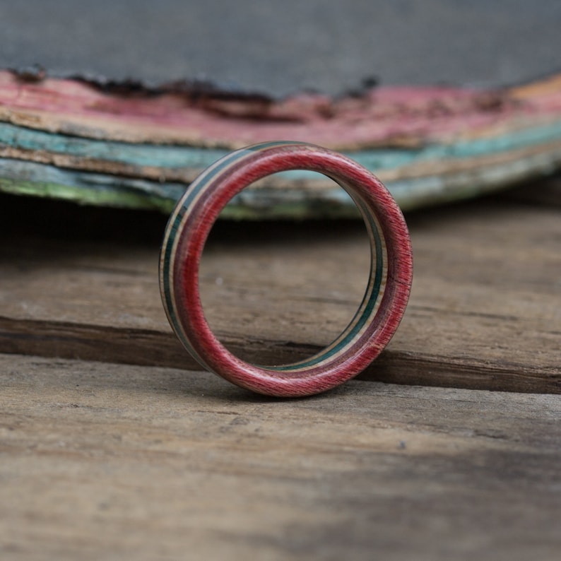 Wooden Ring Skateboard Ring Wedding Bands Anniversary Red And Blue Ring Skate Ring Green Ring For Man Wood Band Recycled image 3
