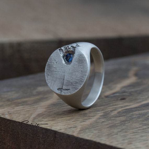 Signet Ring With Blue Sapphire Mens Ring Brushed Ring Silver