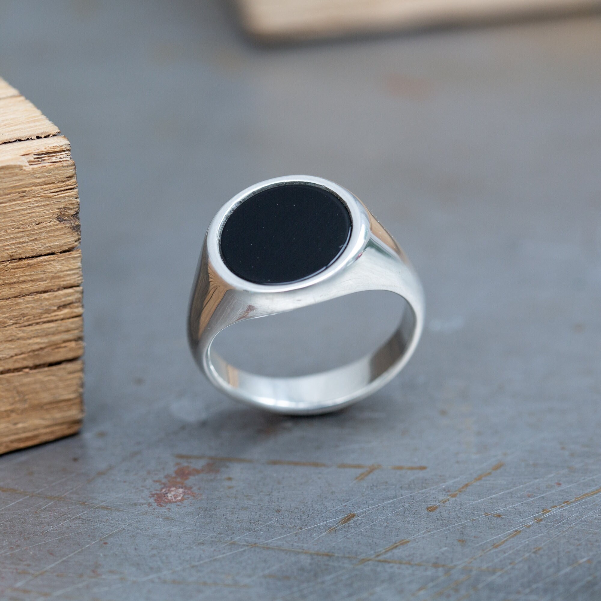 Men's Rings Stainless Steel Brushed Titanium Onyx Signet Wedding Band Thumb  Ring
