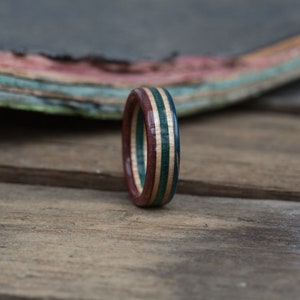 Wooden Ring Skateboard Ring Wedding Bands Anniversary Red And Blue Ring Skate Ring Green Ring For Man Wood Band Recycled image 4