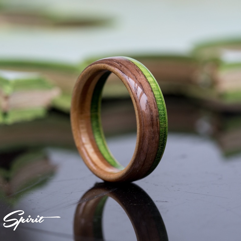Elegant Oak And Recycled Skateboard Wood Ring Wedding Bands Canadian Maple 5 year Anniversary Green Ring for Men Boyfriend Gift image 1