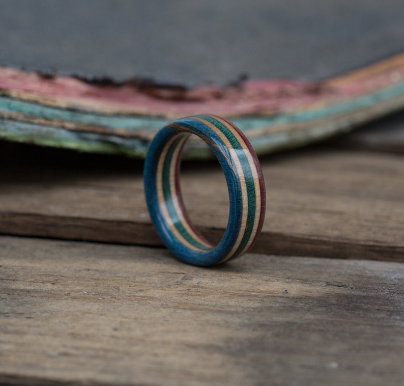 Wooden Ring Skateboard Ring Wedding Bands Anniversary Red And Blue Ring Skate Ring Green Ring For Man Wood Band Recycled image 1