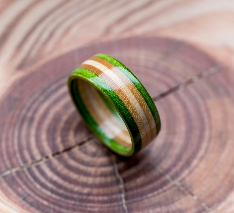 Skateboard Ring Green Wooden Ring Wooden bands Wood Ring Green Wood Jewelry 5th Anniversary Mens Ring Skateboard Jewellery image 3