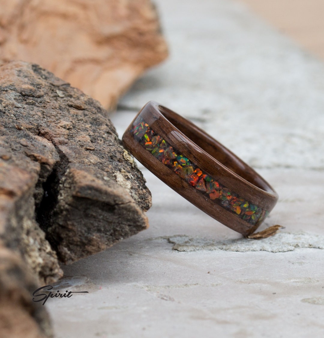 Opal Wood Ring - Oak Ring - Wedding Band - Wooden Ring Gift - Unique ...