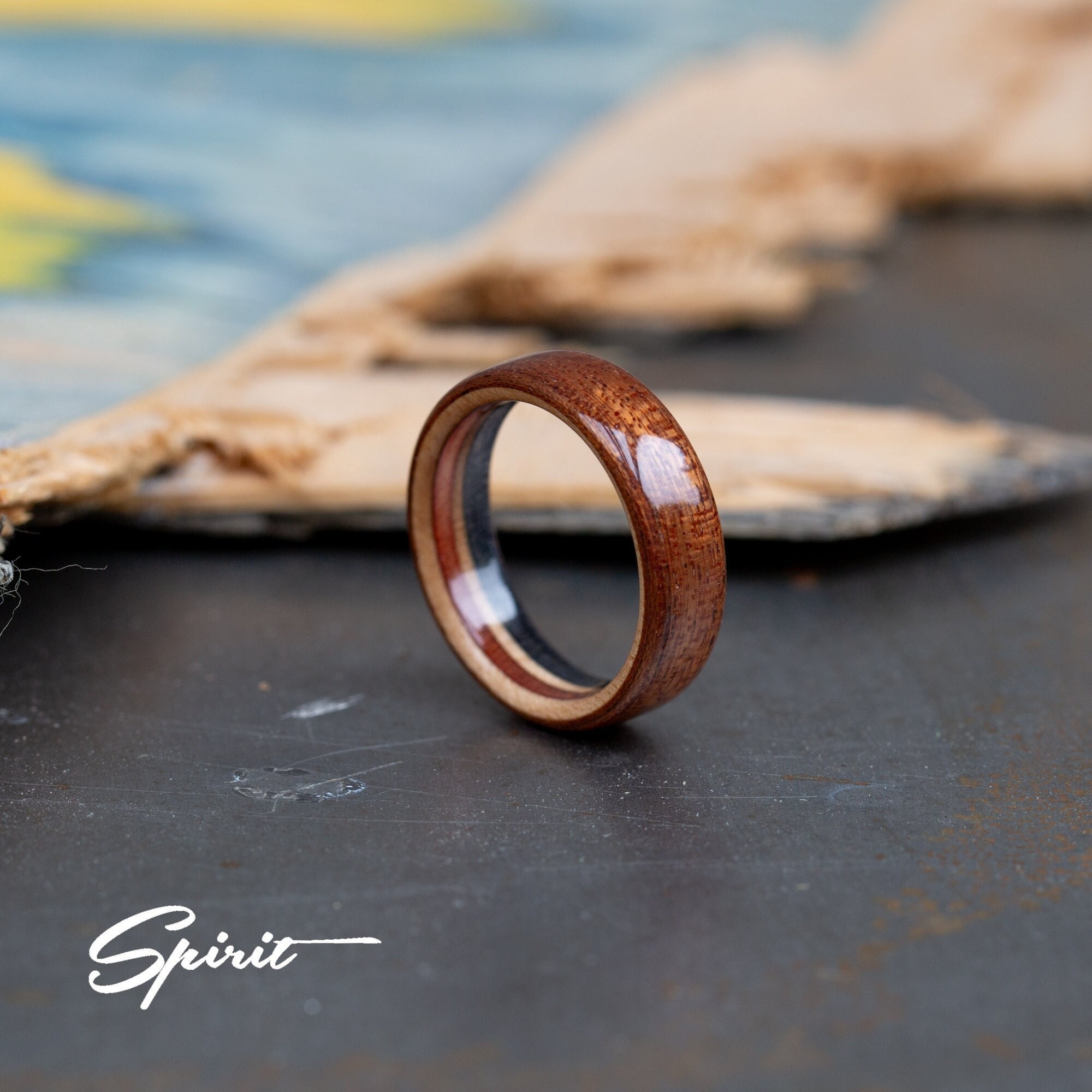 Mahogany and Recycled Skateboard Wood Ring - Wedding Band - Classic Mens Ring - Unique Rings - 5 year Anniversary - Wooden Gift