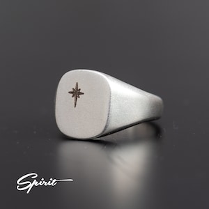 Anillo de sello de estrella del norte Anillos para hombre Banda de boda Cepillado moderno Plata de ley Regalo de novio Anillo único Anillo meñique Cojín imagen 3