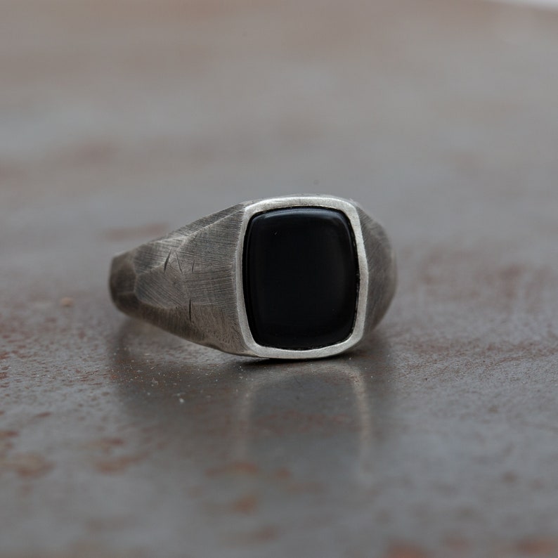 Oxidized Silver with Black Onyx Faceted Signet Rings, Modern Mens Ring, Boyfriend Gift, Mens jewellery, Anniversary, Flat Gem, Pinky Ring image 5