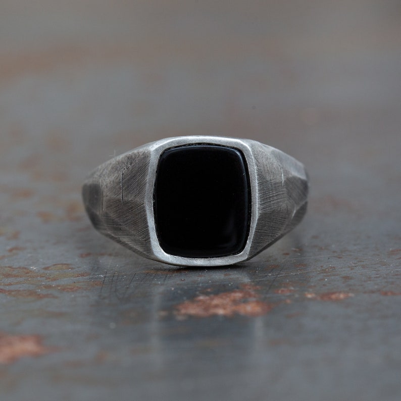 Oxidized Silver with Black Onyx Faceted Signet Rings, Modern Mens Ring, Boyfriend Gift, Mens jewellery, Anniversary, Flat Gem, Pinky Ring image 3