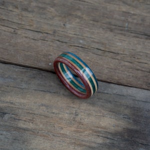 Wooden Ring Skateboard Ring Wedding Bands Anniversary Red And Blue Ring Skate Ring Green Ring For Man Wood Band Recycled image 2